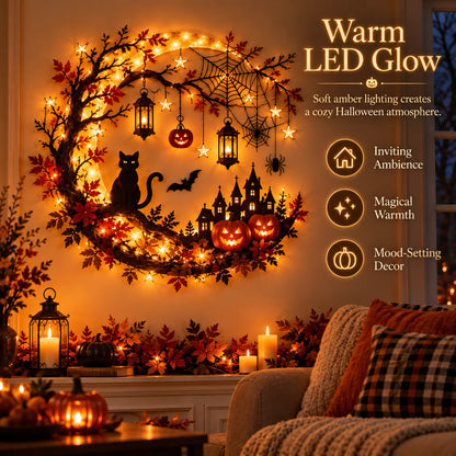 🎃 Enchanting Halloween Crescent Moon Wall Light with Black Cat & LED Lanterns 🐈