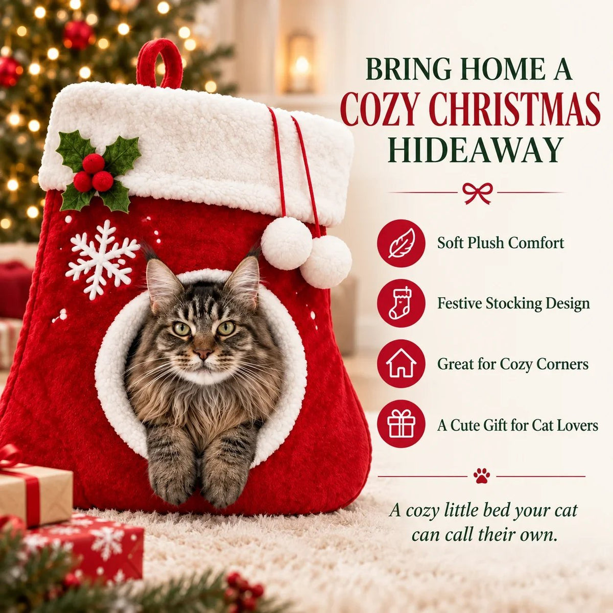 💯🎄 Christmas Stocking Cat Bed – Ultra-Soft Sherpa Cozy Hideaway for Cats 🐱