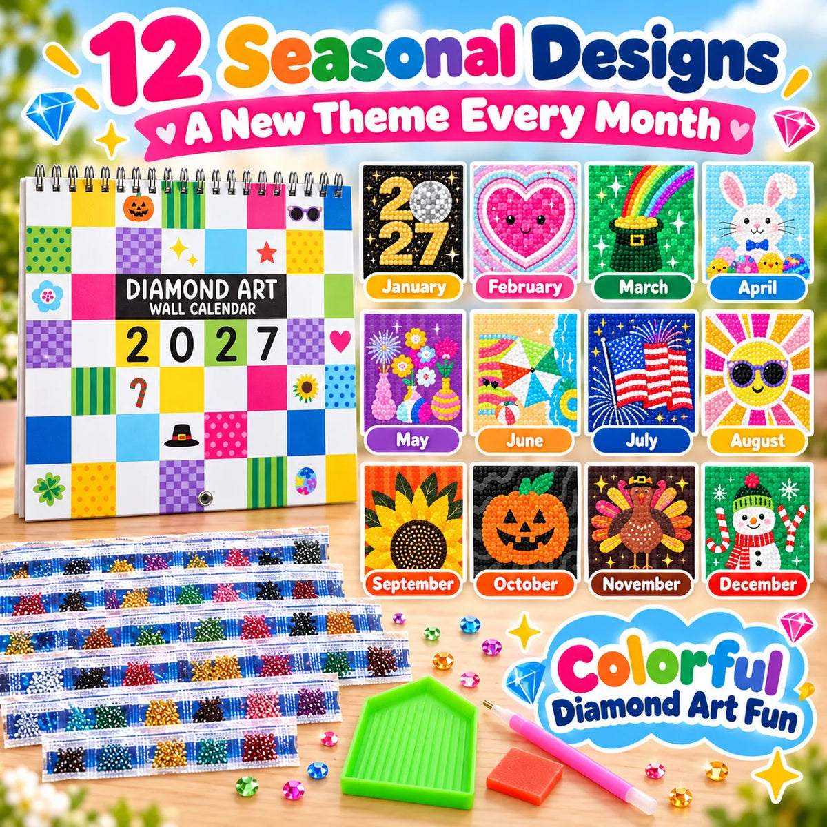 ⏳ Last Day 49% OFF – 💎 2027 Diamond Art Wall Calendar Kit | 12 Monthly Designs + Complete Gem Tools ✨