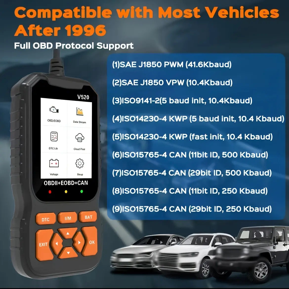 Scanner Car Diagnostic Tool, Code Reader with Live Data Stream, Battery Voltage Test & I/M Readiness for All OBDII Vehicles