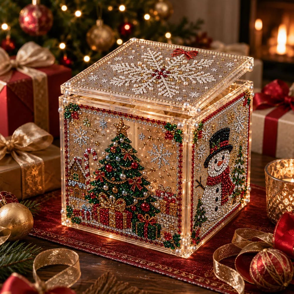 🎄✨ 3D Light-Up Christmas Diamond Painting Gift Box DIY Kit – Sparkling Holiday Craft Decor