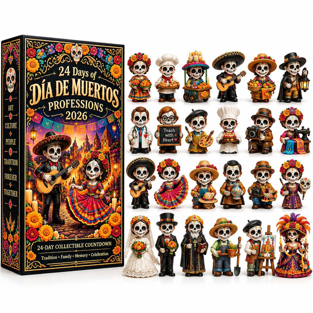 💀🌼24-Day Day of the Dead Collectible Countdown Calendar with 24 Unique Miniatures