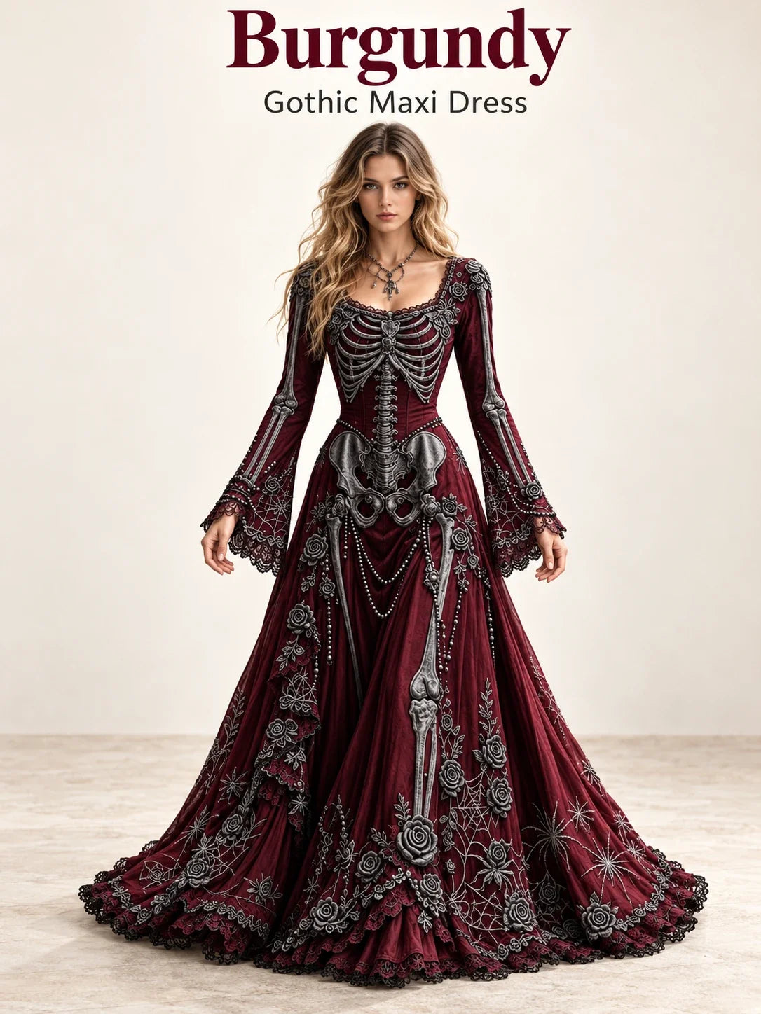 👗Gothic Skeleton Maxi Dress for Halloween | Bell Sleeve 🕸️