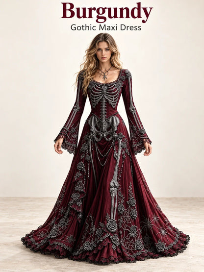 👗Gothic Skeleton Maxi Dress for Halloween | Bell Sleeve 🕸️