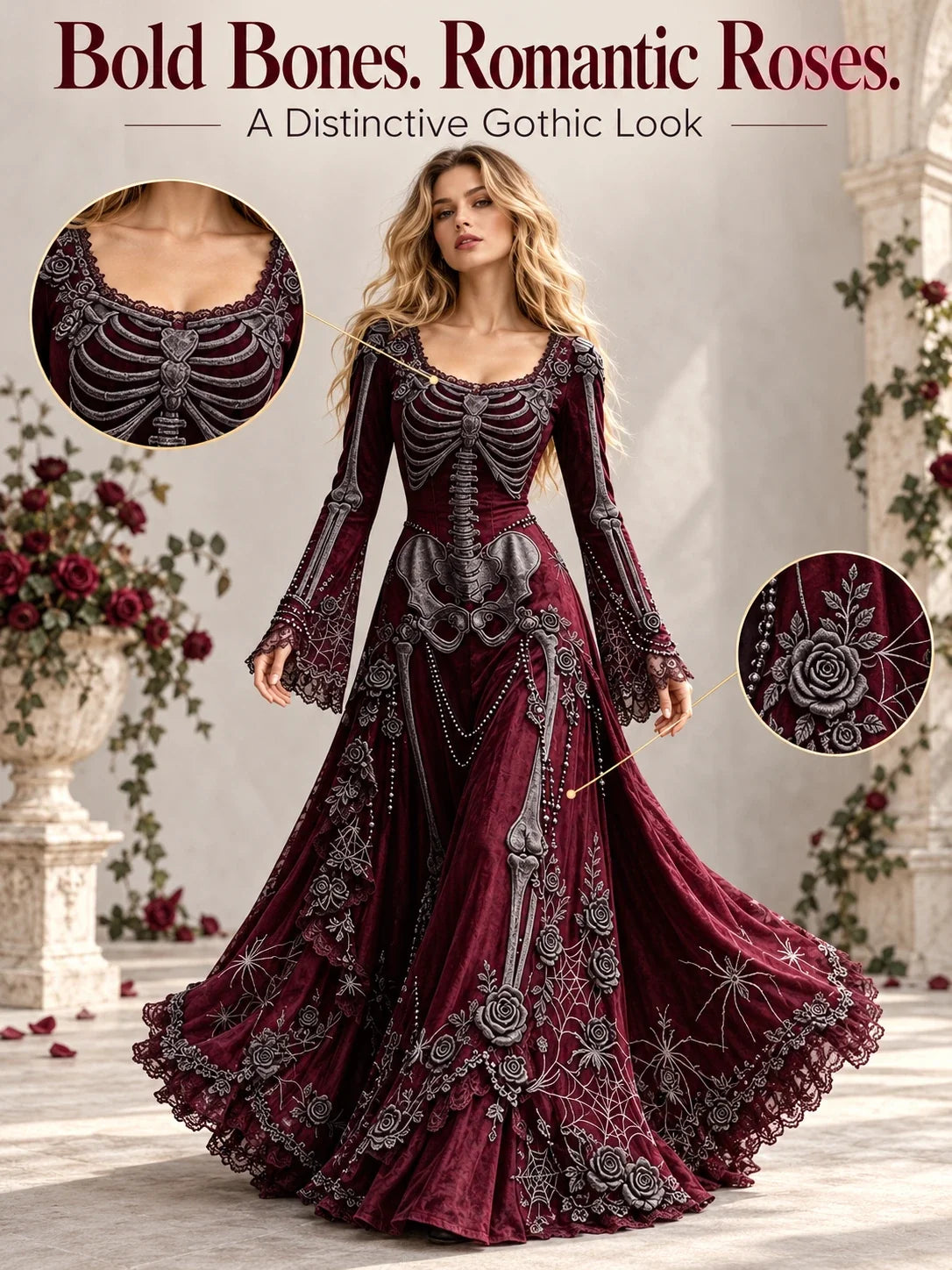👗Gothic Skeleton Maxi Dress for Halloween | Bell Sleeve 🕸️
