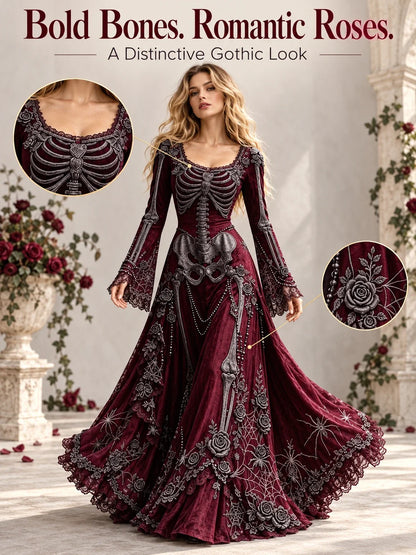👗Gothic Skeleton Maxi Dress for Halloween | Bell Sleeve 🕸️