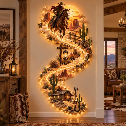 🤠 Western Cowboy LED Wall Decor 🌵 – Lighted Wild West Desert Scene with Horseback Rider & Ranch Details