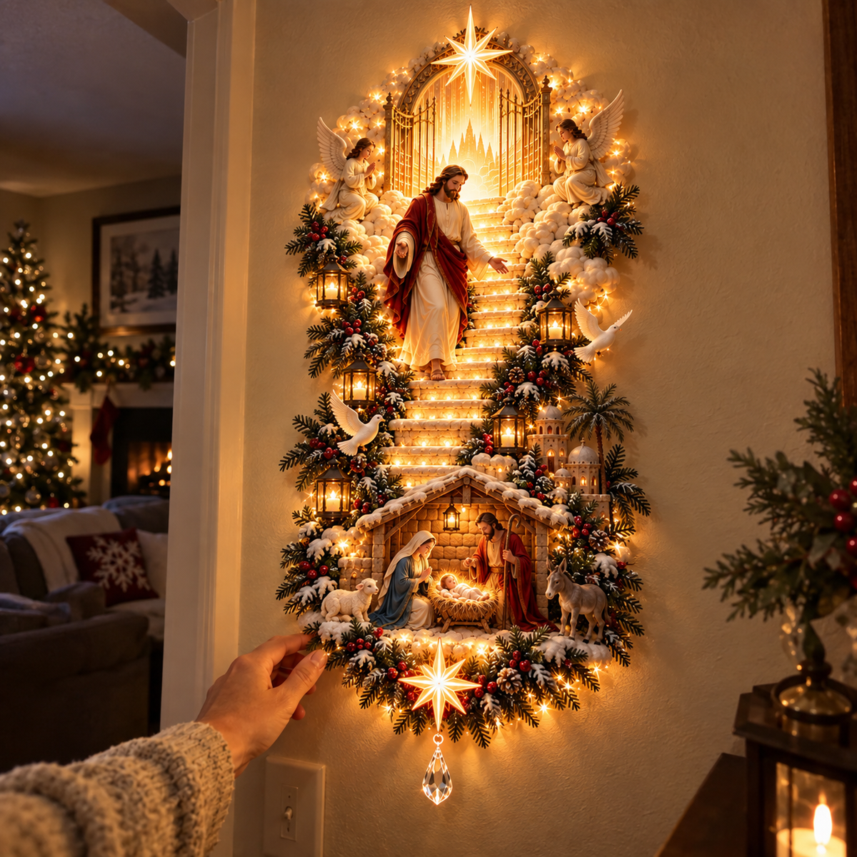⏳ Last day to save 49% –✨ Jesus Light of Heaven Christmas Wall Hanging | Illuminated Nativity Stairway Decor ✝️