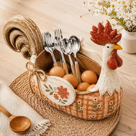🐓 Farmhouse Rooster Storage Basket | Vintage Hand-Painted Country Kitchen Decor