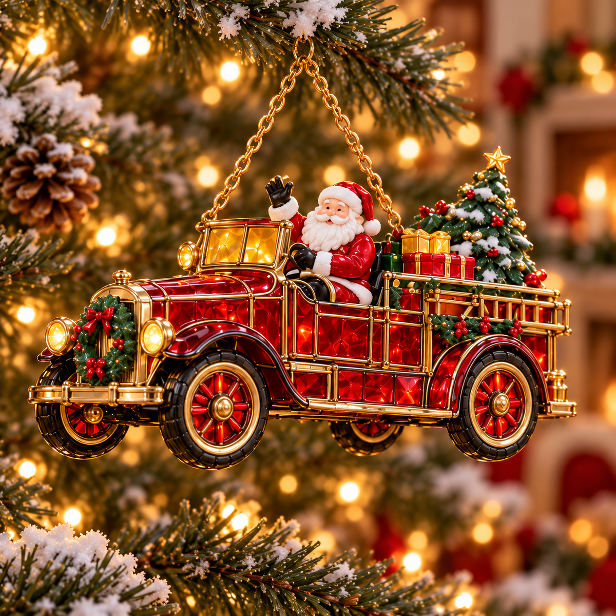 🚒🎄2026 Vintage Fire Truck Christmas Ornaments – Set of 6 | Stained-Glass Style with Festive Holiday Scenes & Golden Accents
