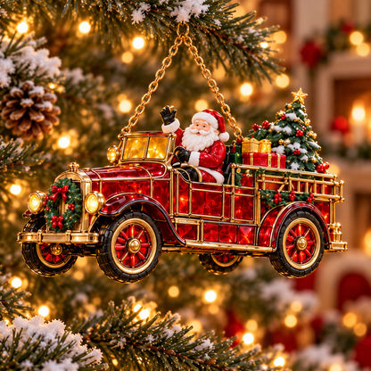 🚒🎄2026 Vintage Fire Truck Christmas Ornaments – Set of 6 | Stained-Glass Style with Festive Holiday Scenes & Golden Accents