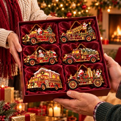 🚒🎄2026 Vintage Fire Truck Christmas Ornaments – Set of 6 | Stained-Glass Style with Festive Holiday Scenes & Golden Accents