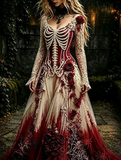 🌹 Gothic Skeleton & Rose Maxi Dress – Vintage Halloween Long Sleeve Dress