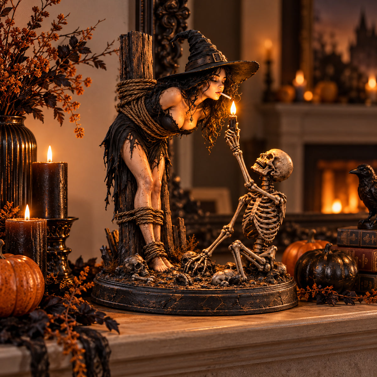 ✨💀Witch & Skeleton Candle Scene Figurine – Dark Gothic Halloween Tabletop Decor