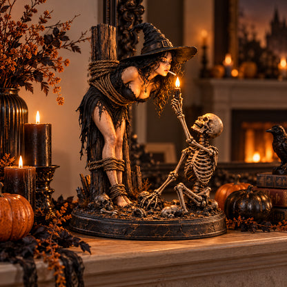 ✨💀Witch & Skeleton Candle Scene Figurine – Dark Gothic Halloween Tabletop Decor