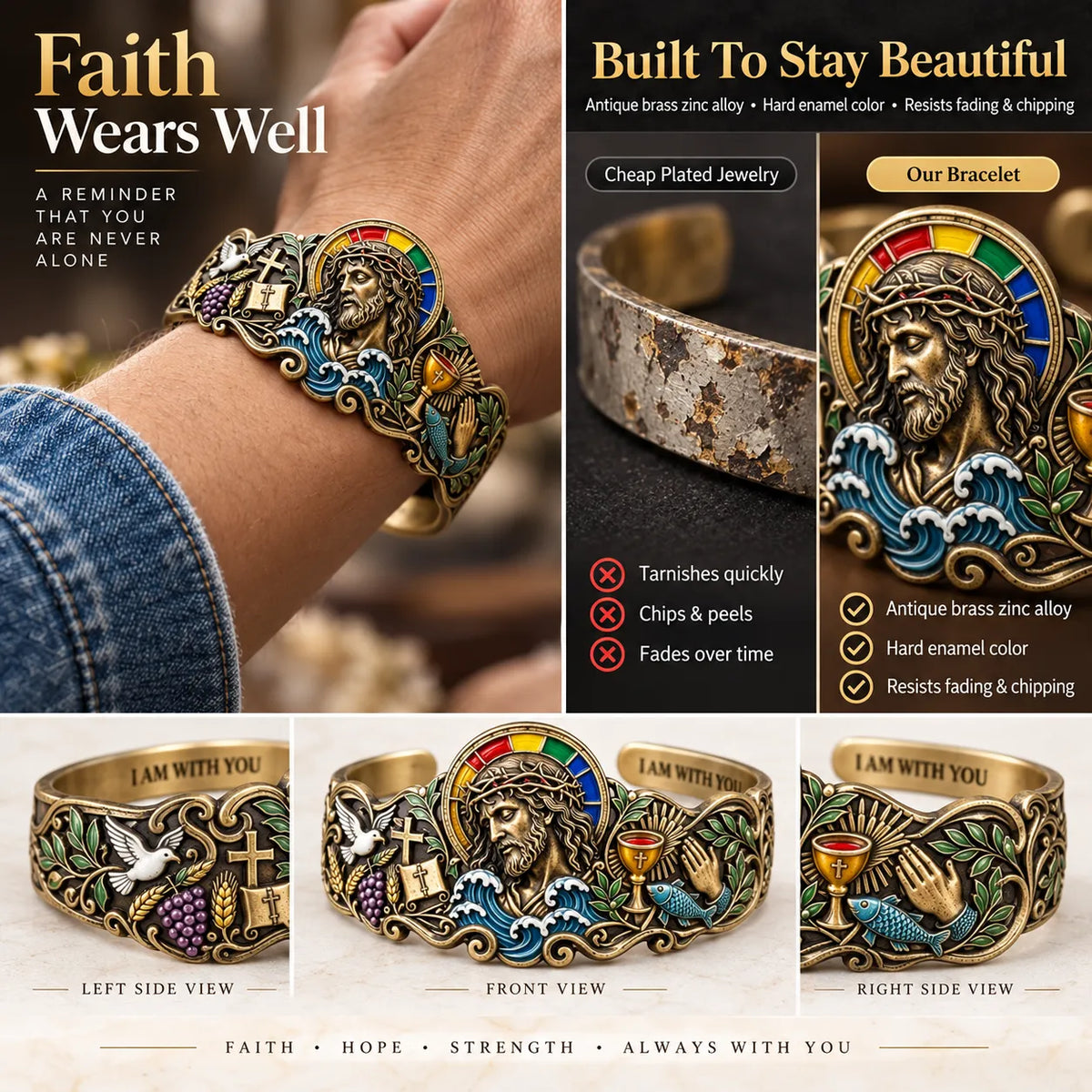 🔥 Last Day 49% OFF - ✝️Faith Inspired Jesus Cuff Bracelet | Antique Brass With Scripture Message