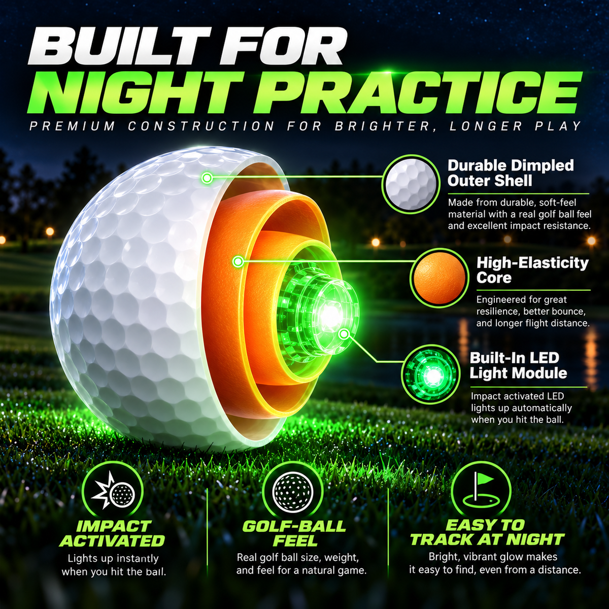 🔥Last Day 50% Off⛳ Impact-Activated LED Glow Golf Ball – 6-Color Night Golf Practice Ball