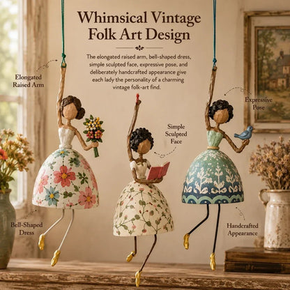 🌸 Hand-Painted Dancing Lady Hanging Ornament — Whimsical Folk Art That Danced Off the Page | Handcrafted Floral Bell-Skirt, Wire Legs & Little Songbird Charm | Charming Decor for Porch, Sunroom, Nursery & Reading Nook