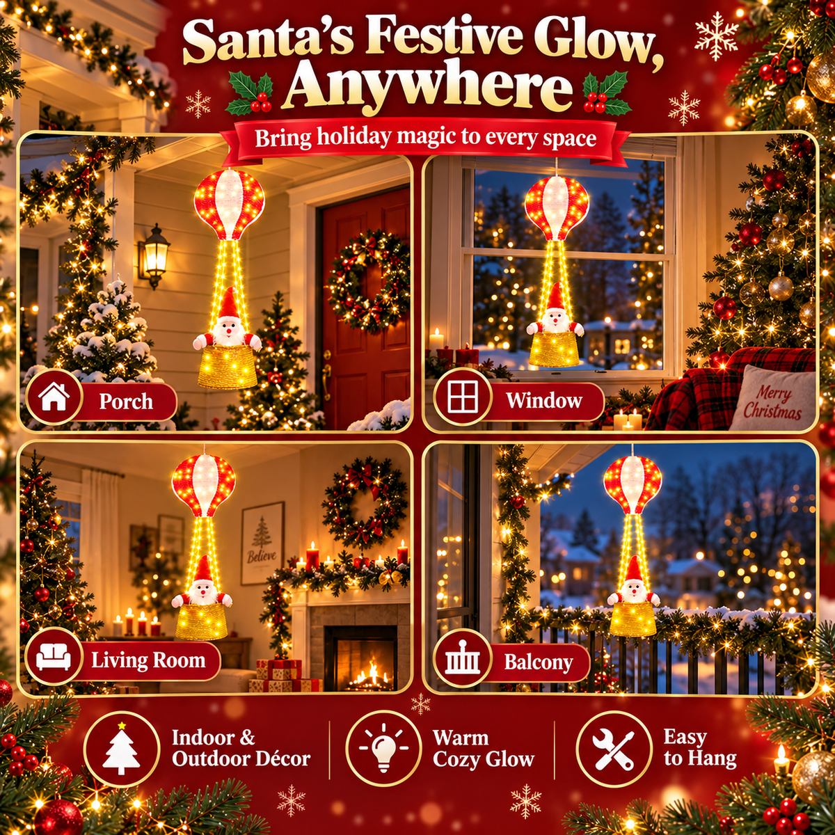 🎅  Santa Hot Air Balloon Christmas Lights – 125 LED Hanging Holiday Decoration ✨