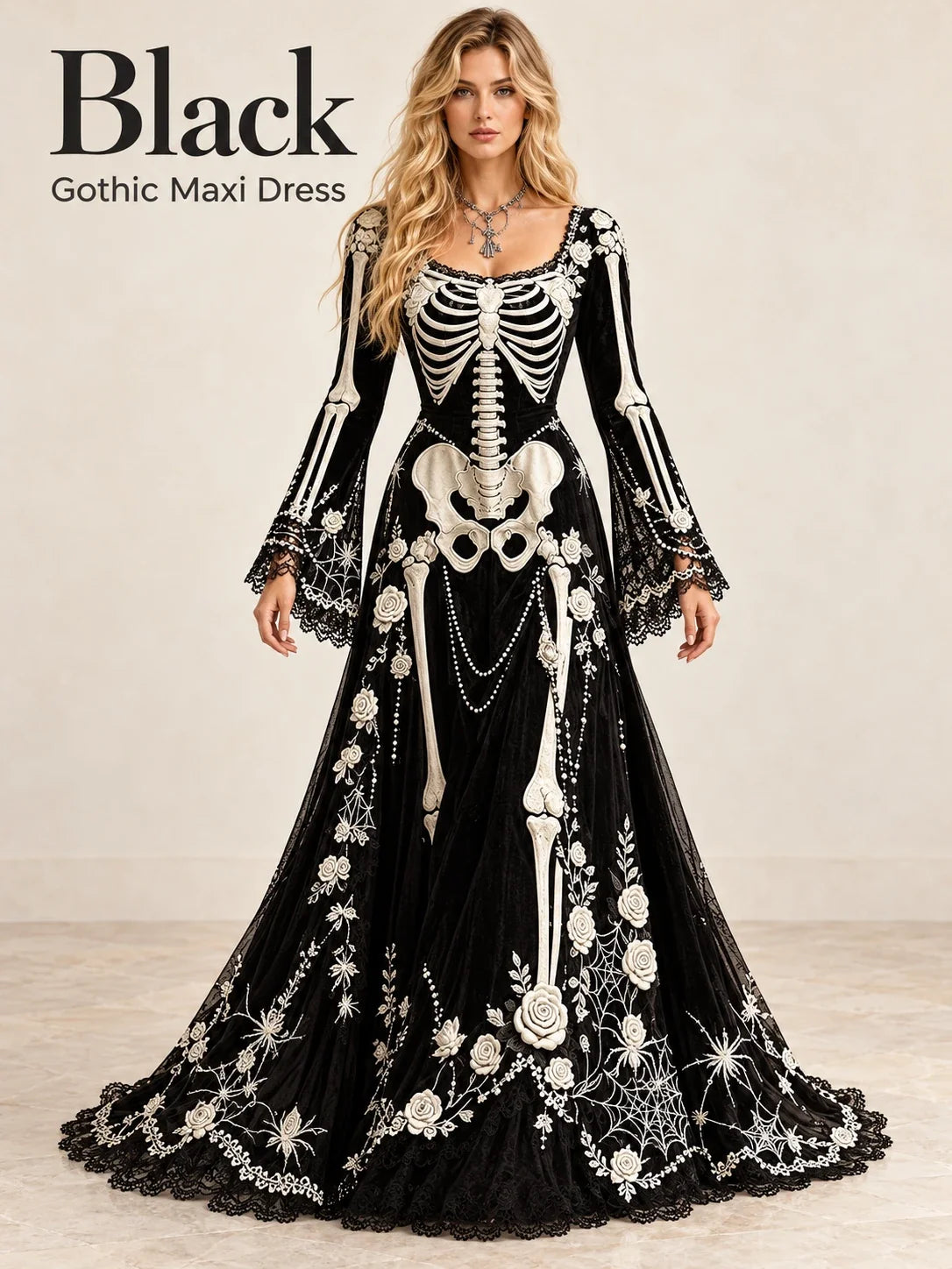 👗Gothic Skeleton Maxi Dress for Halloween | Bell Sleeve 🕸️
