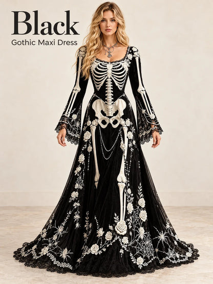 👗Gothic Skeleton Maxi Dress for Halloween | Bell Sleeve 🕸️