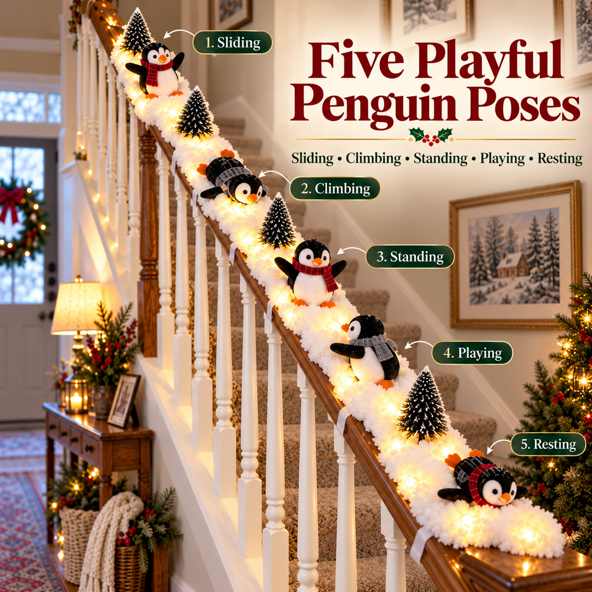 🐧Playful Penguin Snowy Stair Railing Decor