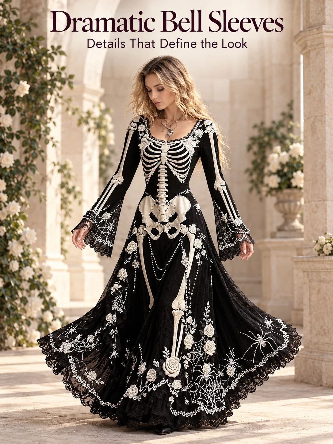 👗Gothic Skeleton Maxi Dress for Halloween | Bell Sleeve 🕸️