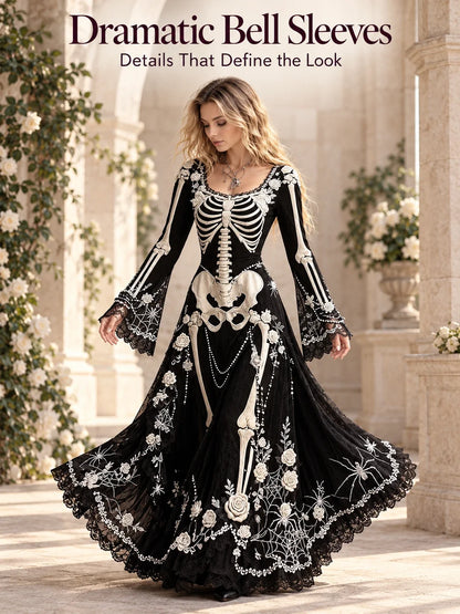 👗Gothic Skeleton Maxi Dress for Halloween | Bell Sleeve 🕸️