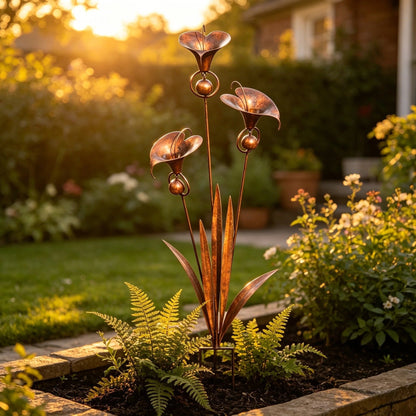 🏡Flamed Copper Three Calla Lilies Garden Stake with Bells