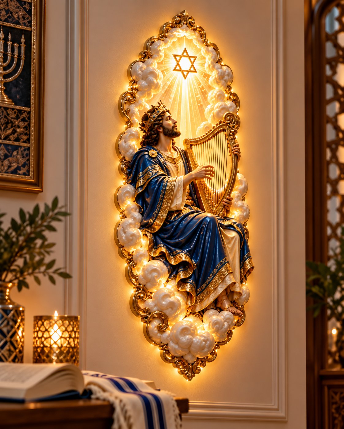 Jewish illuminated wall art glowing at night