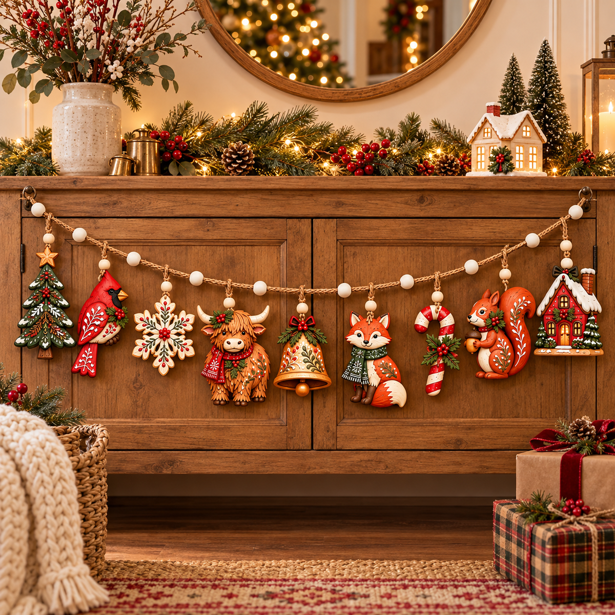 ✨🎄Christmas Woodland Garland Ornaments – Rustic Holiday Hanging Banner