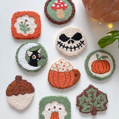 🍂 Handmade Autumn Punch Needle Coasters – Cozy Fall Coffee Mug Mat & Seasonal Home Decor