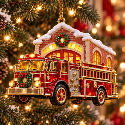 🚒🎄2026 Vintage Fire Truck Christmas Ornaments – Set of 6 | Stained-Glass Style with Festive Holiday Scenes & Golden Accents