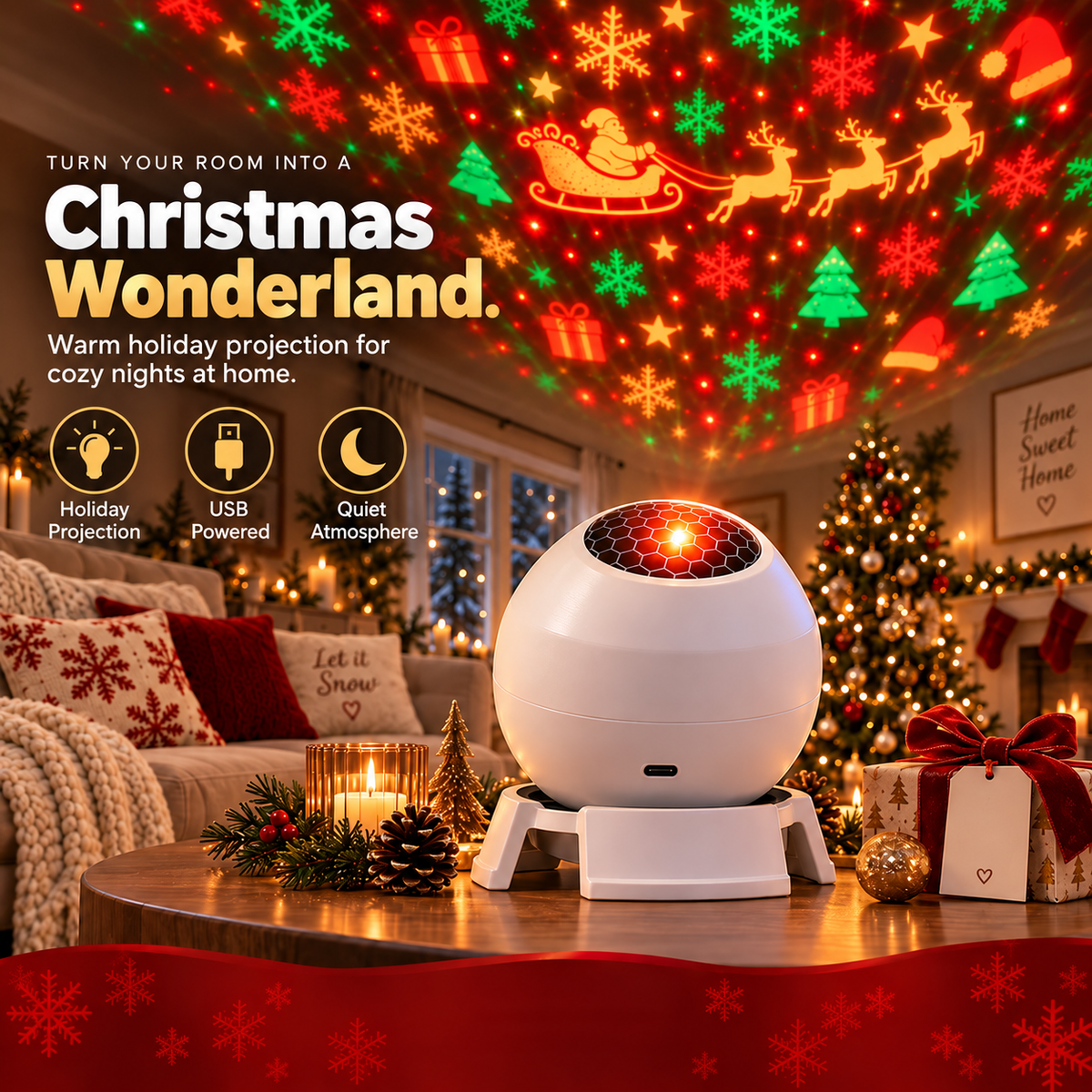 🎅Christmas Projection Light - USB Powered Festive Room Ceiling Decor✨