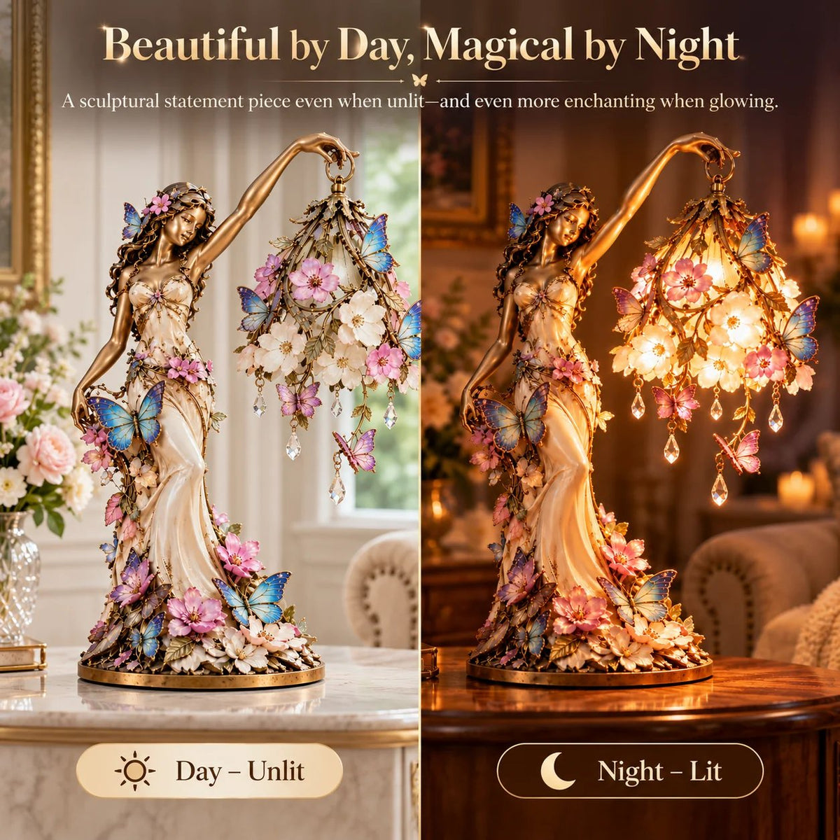🦋 „Butterfly Lady“-Akzentlampe – Elegante Lampe im Stil einer Blumengöttin mit Kristalltropfen