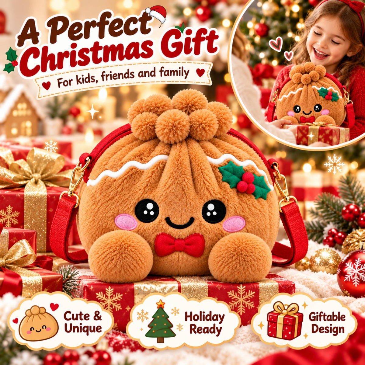 🎄 Gingerbread Plush Crossbody Bag – Cute Christmas Shoulder Purse with Roomy Storage