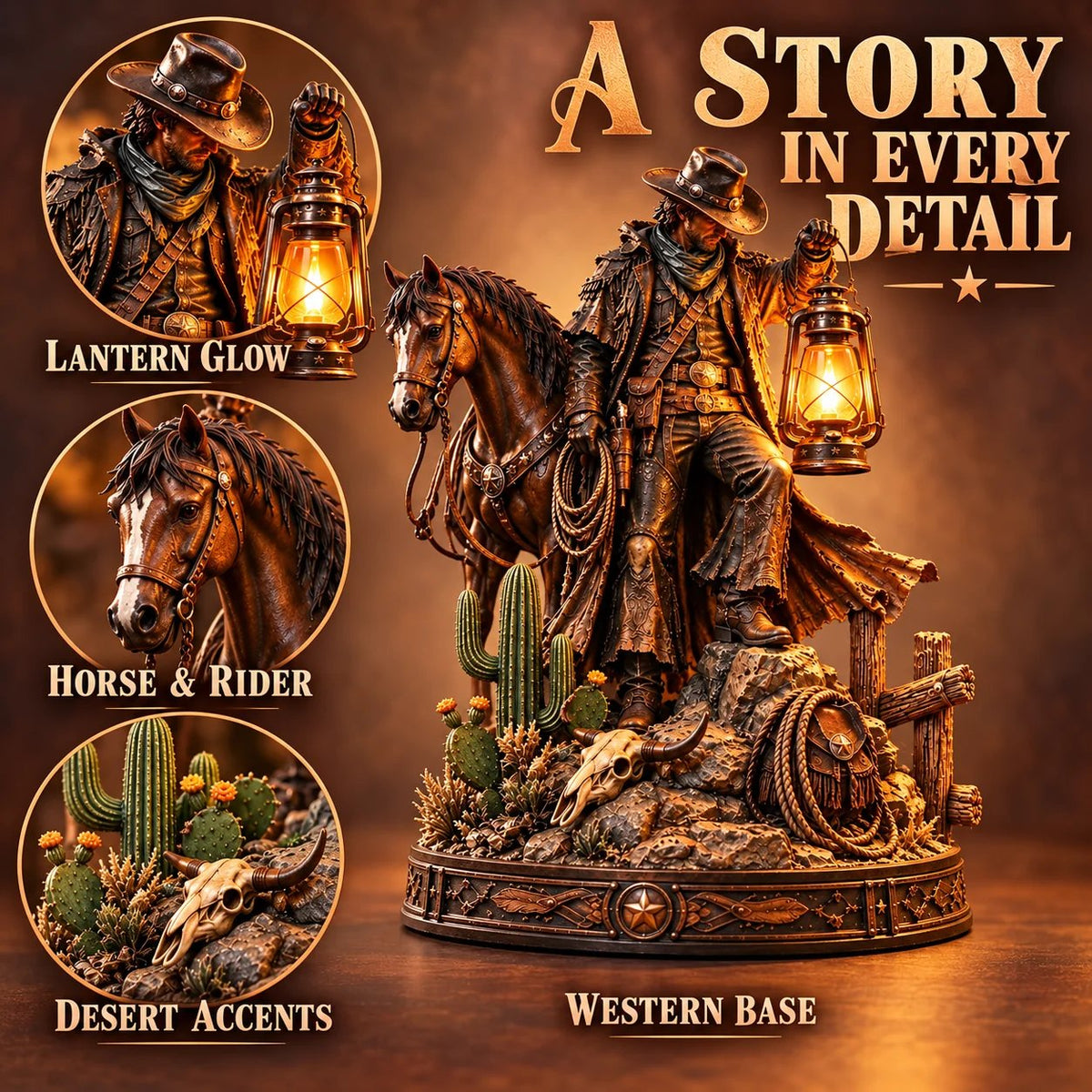 🤠 Western Rider & Horse Lantern Statue | Rustic Cowboy Decor