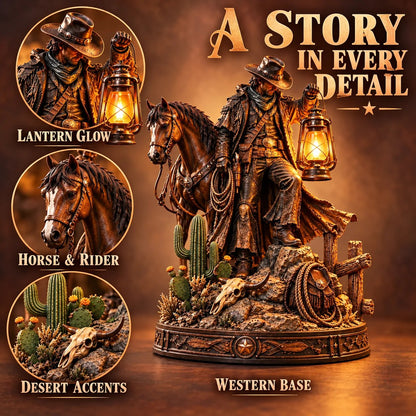🤠 Western Rider & Horse Lantern Statue | Rustic Cowboy Decor