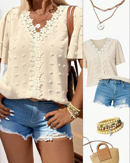 🔥 Elegant Swiss Dot Lace Butterfly Sleeve Shirt, Long Sleeve Commuter Top, Loose Fit Casual Summer Blouse for Women