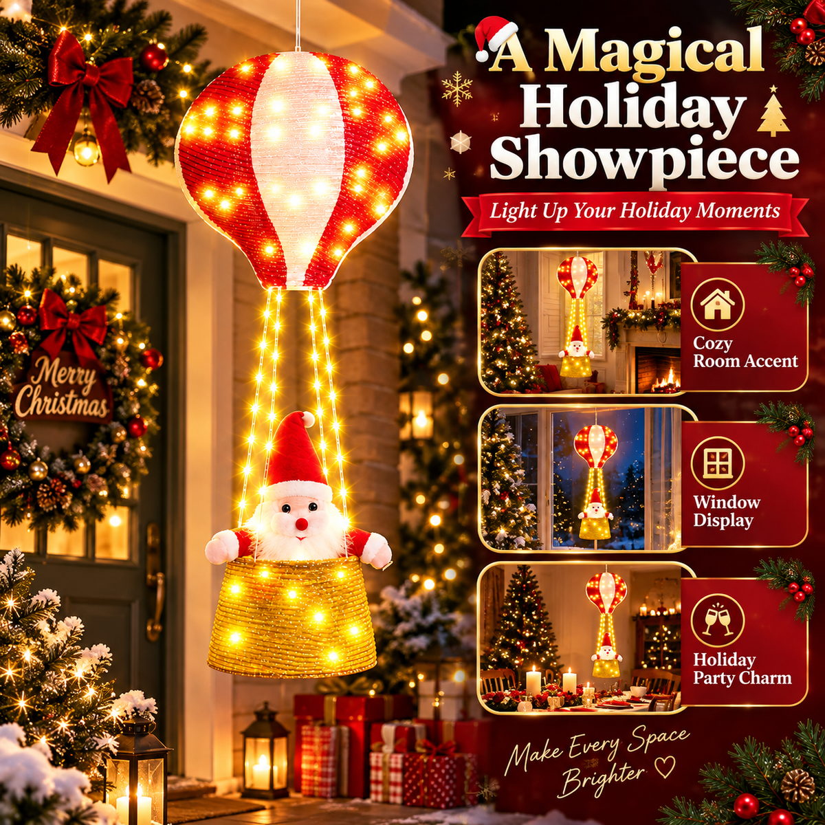 🎅  Santa Hot Air Balloon Christmas Lights – 125 LED Hanging Holiday Decoration ✨