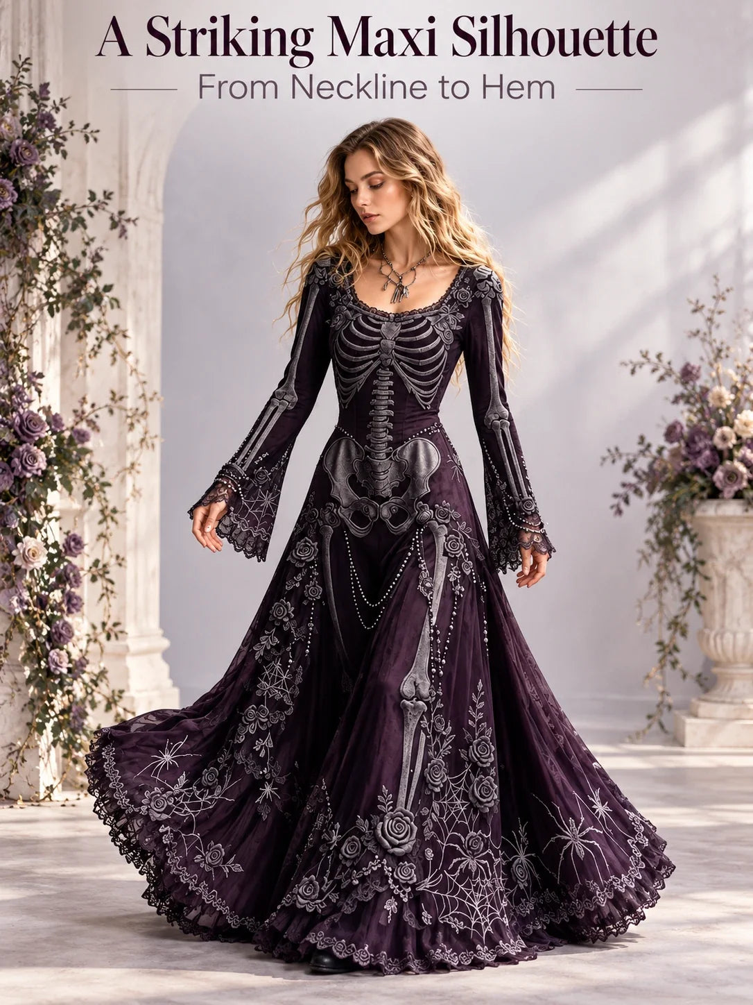👗Gothic Skeleton Maxi Dress for Halloween | Bell Sleeve 🕸️