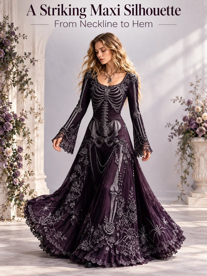 👗Gothic Skeleton Maxi Dress for Halloween | Bell Sleeve 🕸️