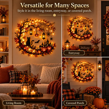 🎃 Enchanting Halloween Crescent Moon Wall Light with Black Cat & LED Lanterns 🐈
