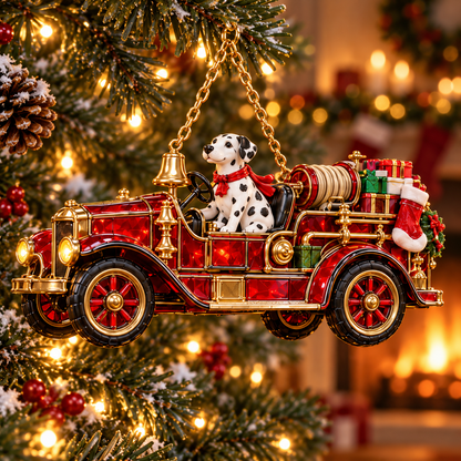 🚒🎄2026 Vintage Fire Truck Christmas Ornaments – Set of 6 | Stained-Glass Style with Festive Holiday Scenes & Golden Accents