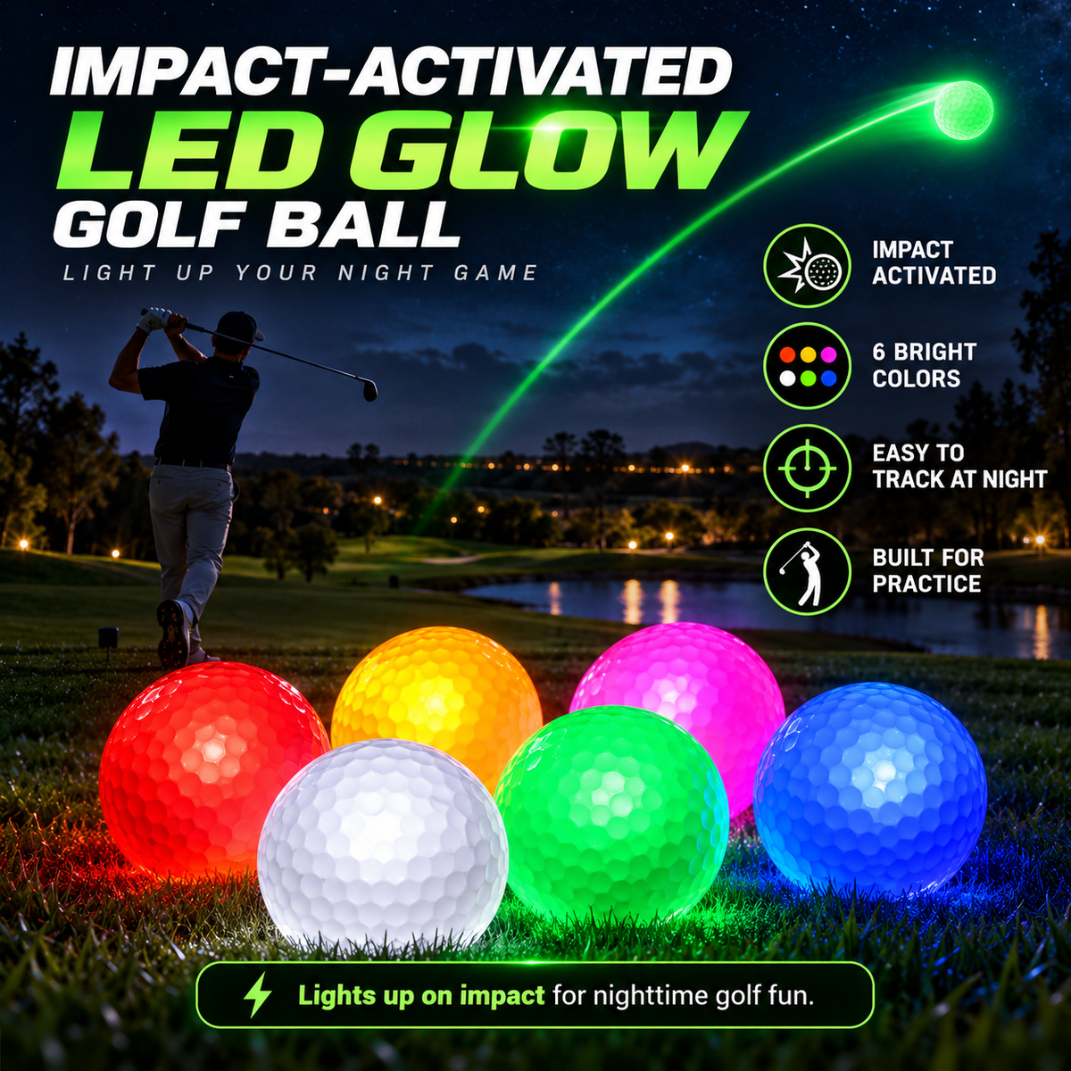 🔥Last Day 50% Off⛳ Impact-Activated LED Glow Golf Ball – 6-Color Night Golf Practice Ball