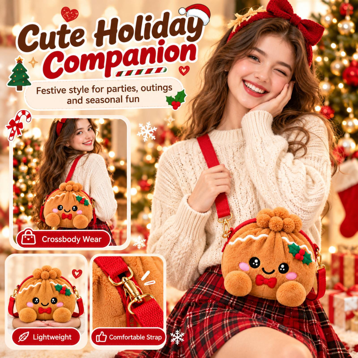 🎄 Gingerbread Plush Crossbody Bag – Cute Christmas Shoulder Purse with Roomy Storage