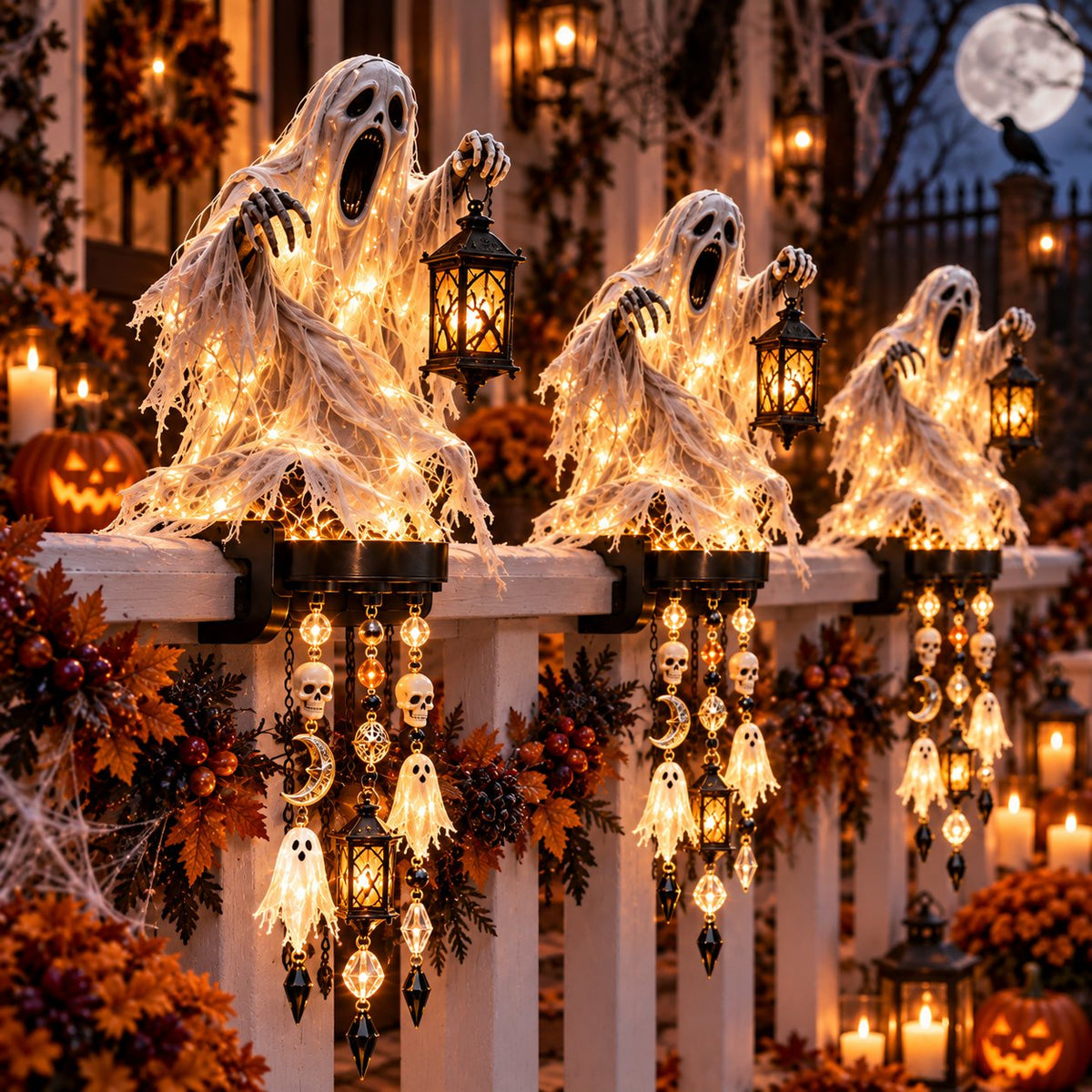 📍🎃 Halloween Character Glow Cascade Railing Lights – Pumpkin, Witch, Ghost & Black Cat