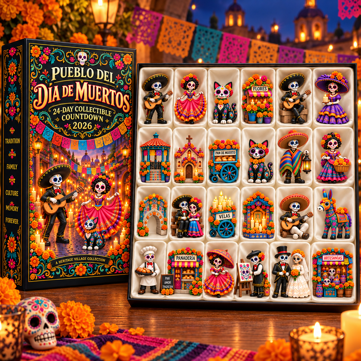 💀🌼24-Day Day of the Dead Collectible Countdown Calendar with 24 Unique Miniatures