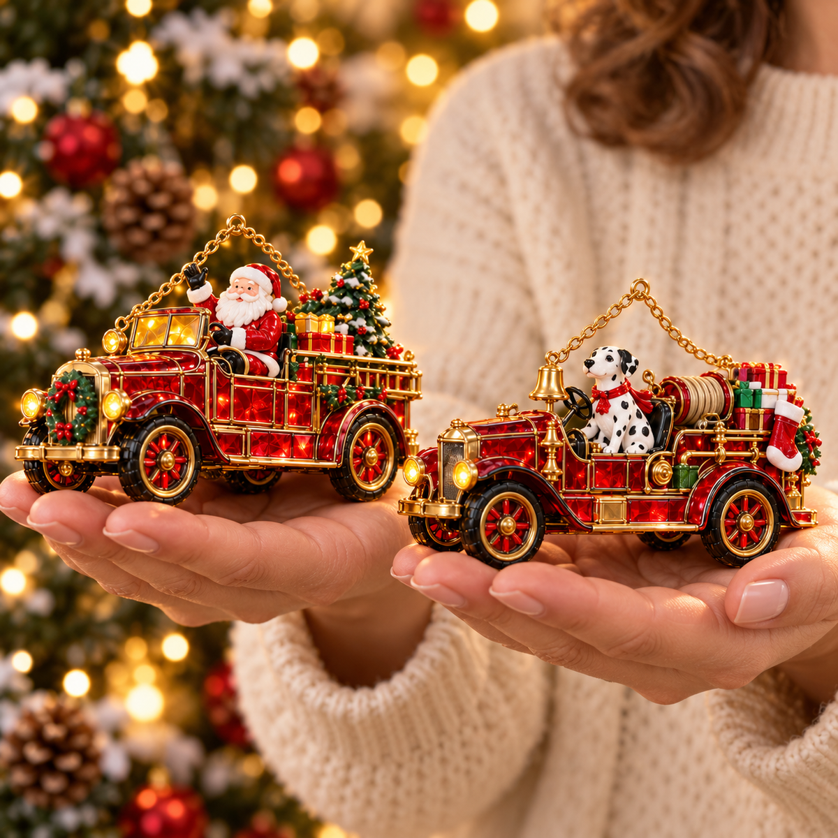 🚒🎄2026 Vintage Fire Truck Christmas Ornaments – Set of 6 | Stained-Glass Style with Festive Holiday Scenes & Golden Accents