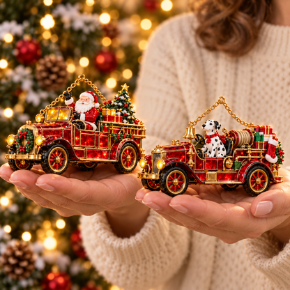 🚒🎄2026 Vintage Fire Truck Christmas Ornaments – Set of 6 | Stained-Glass Style with Festive Holiday Scenes & Golden Accents